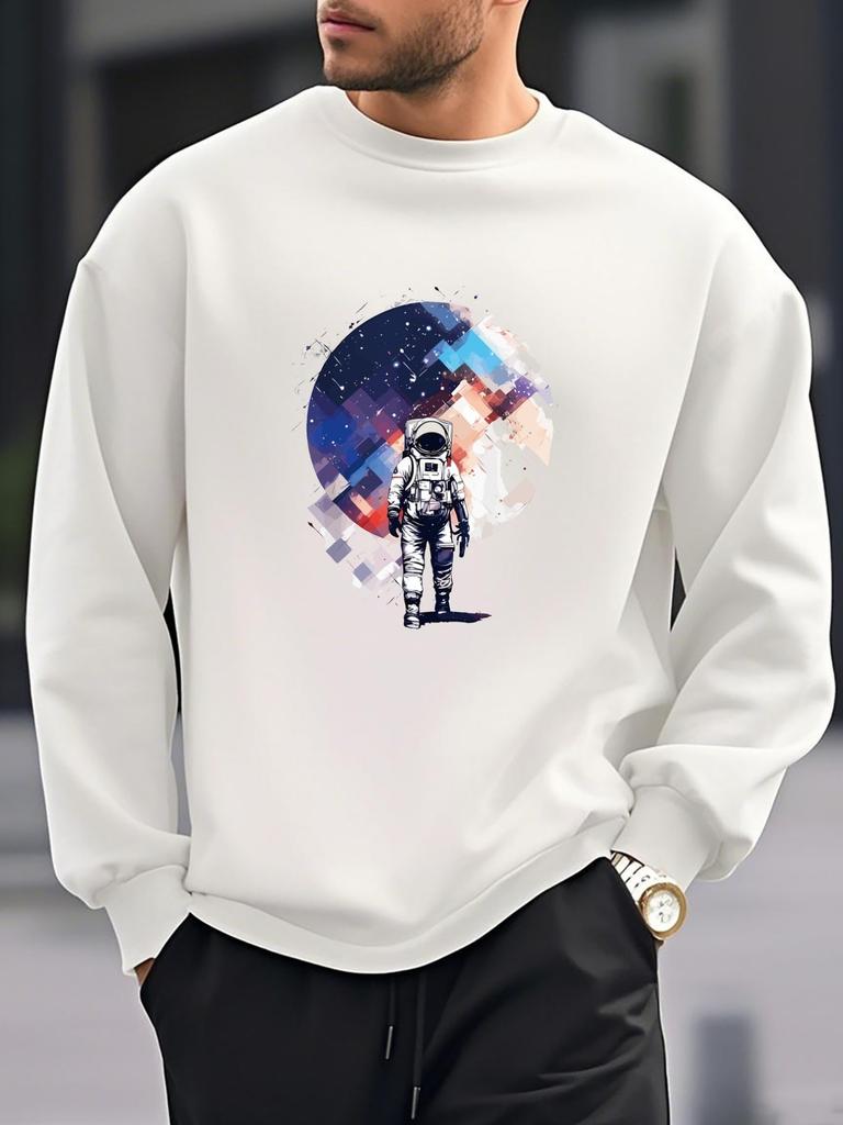Space Exploration, Astronaut Print Men'S New Round Neck Sweatshirt, Loose And Stylish Casual Sports Top For, Versatile Pullover