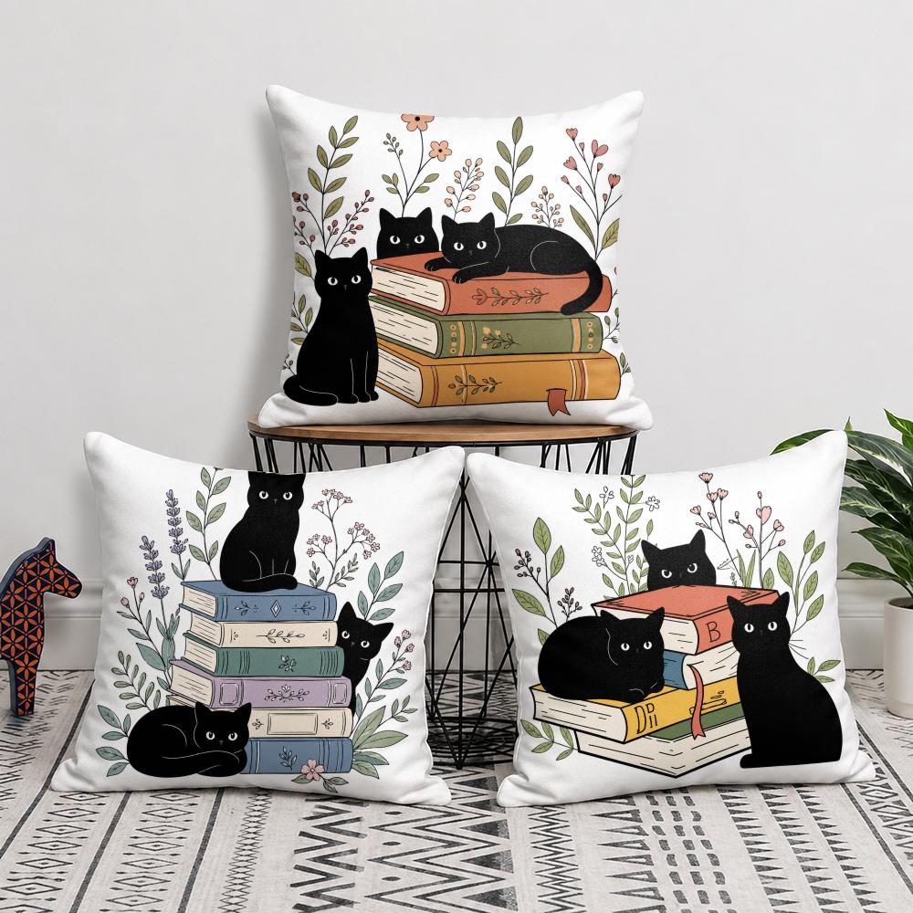Black Cats With Books Cushion Cover Short Plush Soft DoubleSided Printing Pillow Case Cozy Sofa Bedroom Home Decor Gift