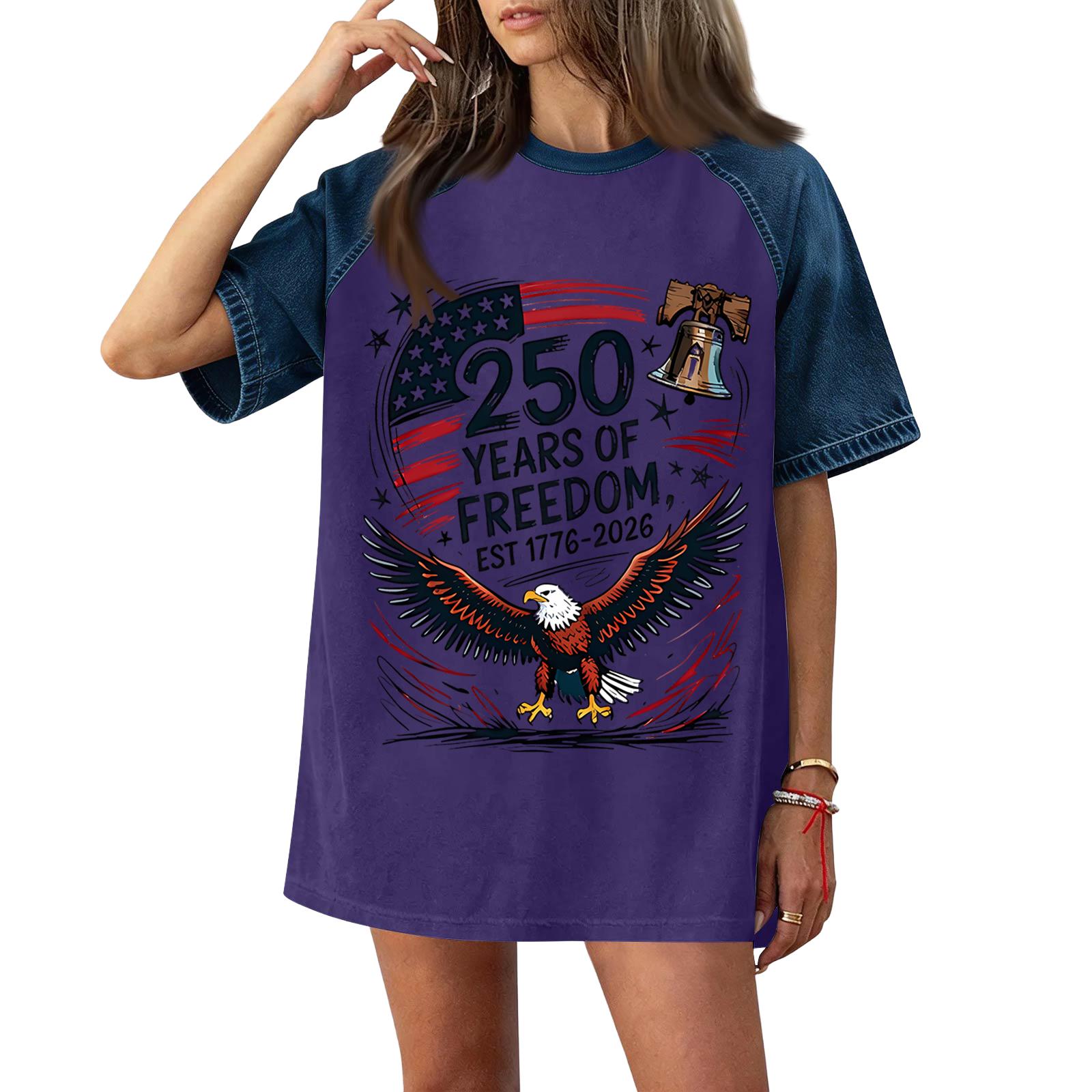 

Women s Casual Short Sleeve T-Shirt Independence Day Print Denim Patchwork Comfortable Loose Fit Top for Everyday Wear M фіолетовий