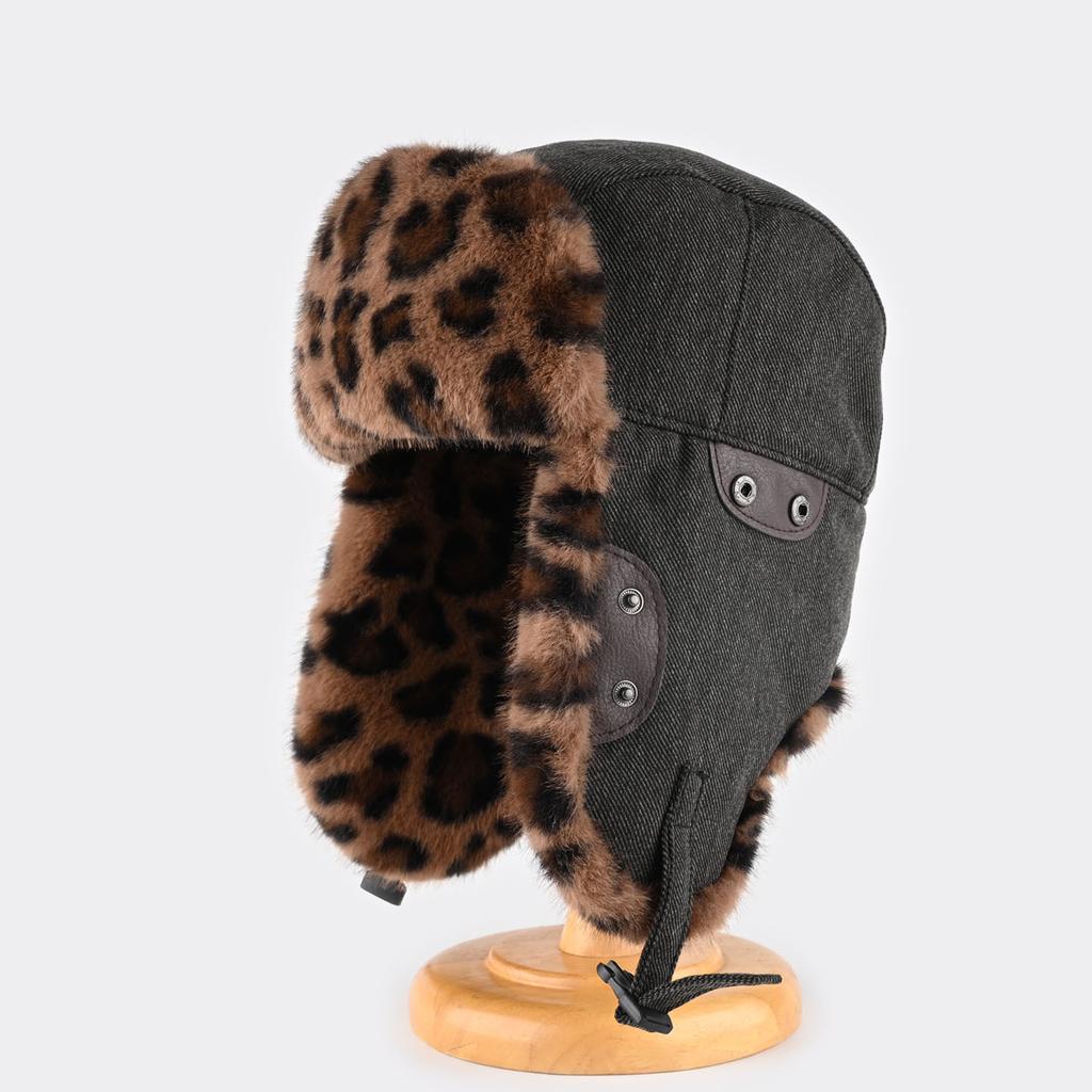 American Leopard Print Hat Men's and Women's Winter Thickened Warm Plush Ear Protection Cotton Hat Outdoor Cycling Cold Hat Tide