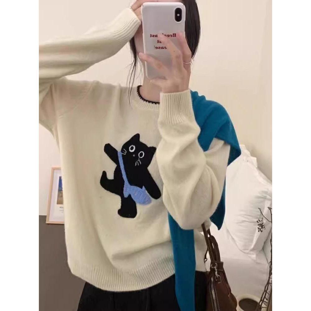 2025 Korean Cute Cat Knit Pullover - Women's Versatile Round Neck Sweater for Autumn/Winter