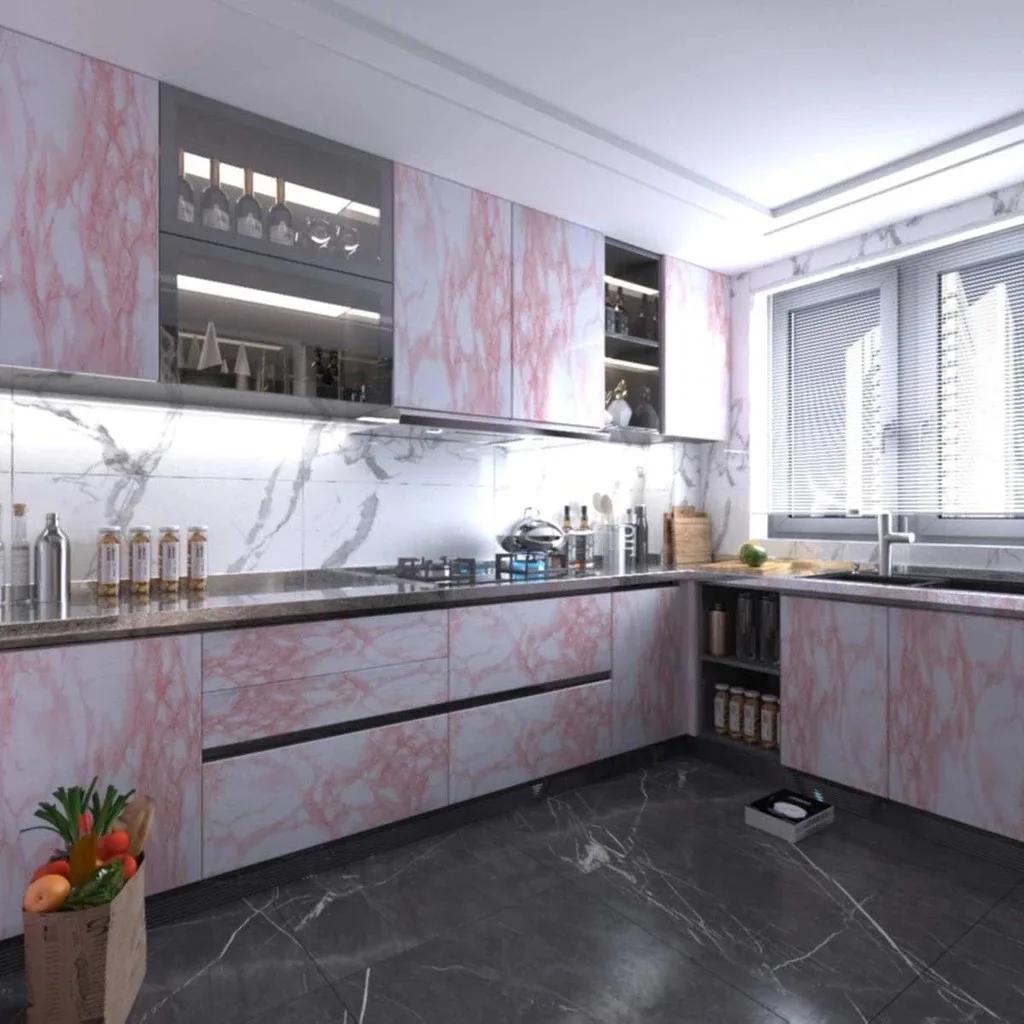 New Pink Marble Wall Cover Self-Adhesive Detachable Water-Repellent Wall Ornament Kitchen Cabinets Desktop Drawers Renovation Film