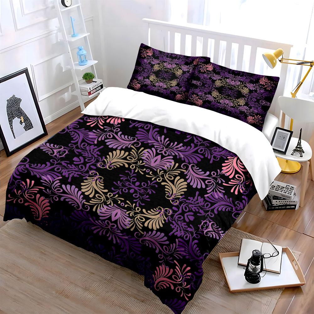 Purple and Gold Floral Symmetry Bedding Set for Kids Luxury Gift 3pcs Digital Print Comforter Set Soft Comfortable Breathable