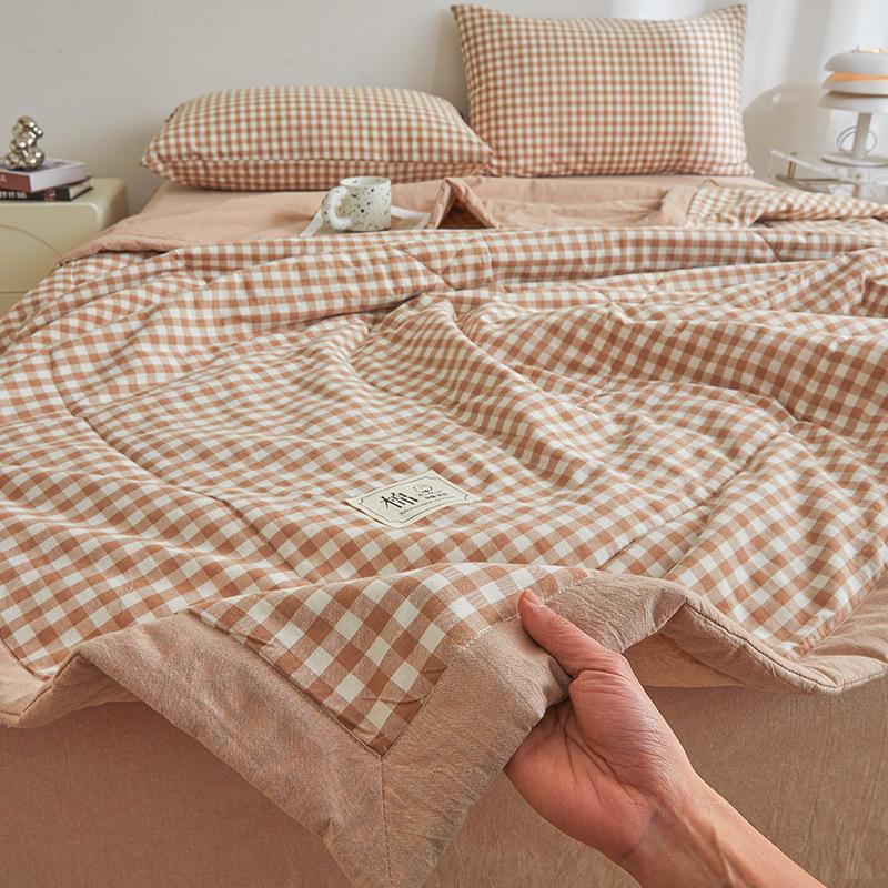 Plaid Print Washable Cotton Summer Cooling Quilt Lightweight Breathable Machine Washable for Student Dorms Single Double Beds Air Conditioner Rooms