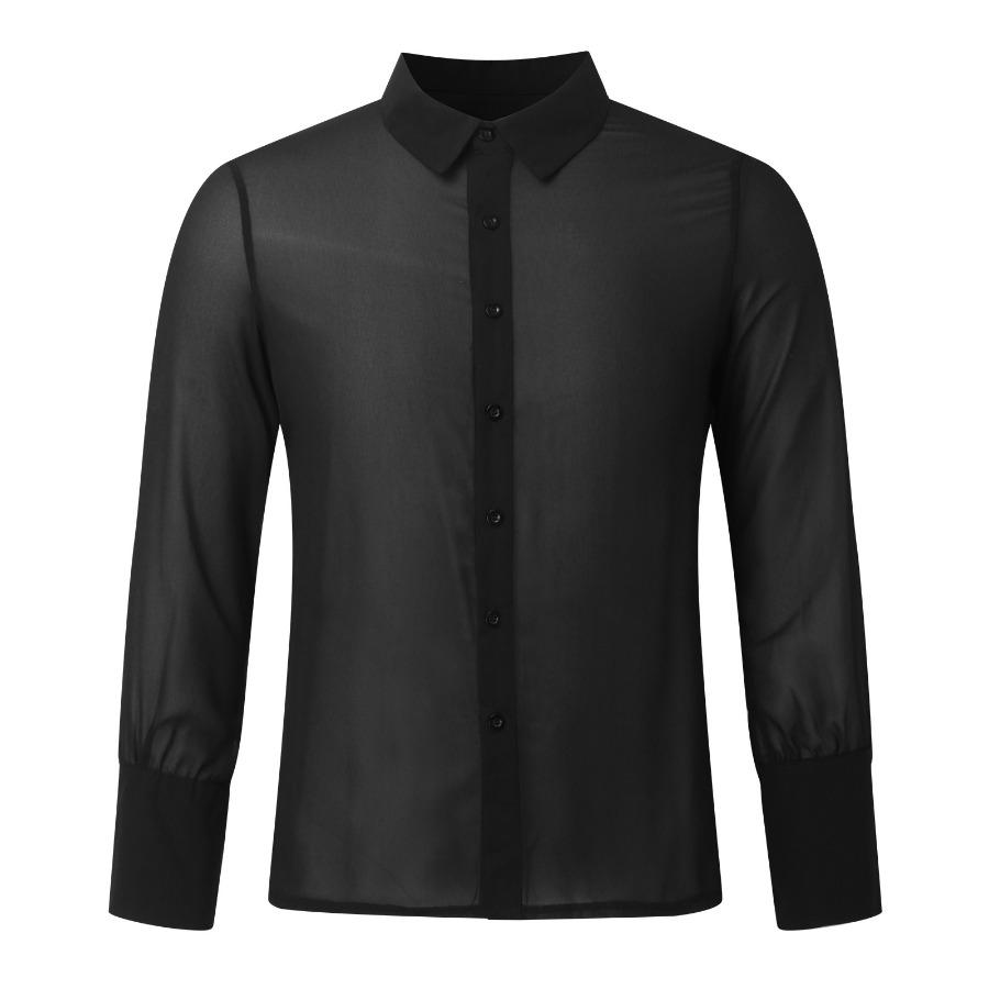 Thin  Lapel with Dense Mesh Personalized Long Sleeved Sexy See Through Men’s Casual Shirts