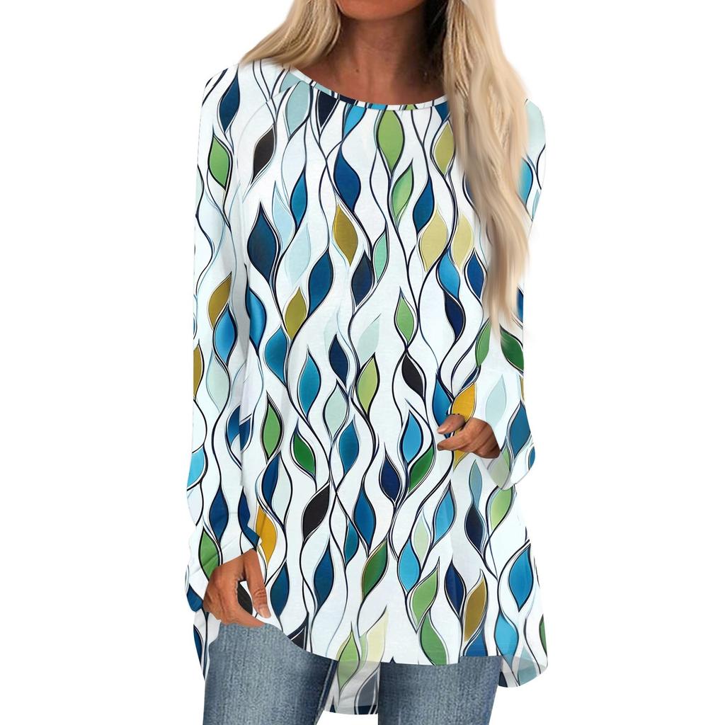 Women's Fashion Casual Long Sleeve Print Round Neck Pullover Top Blouse