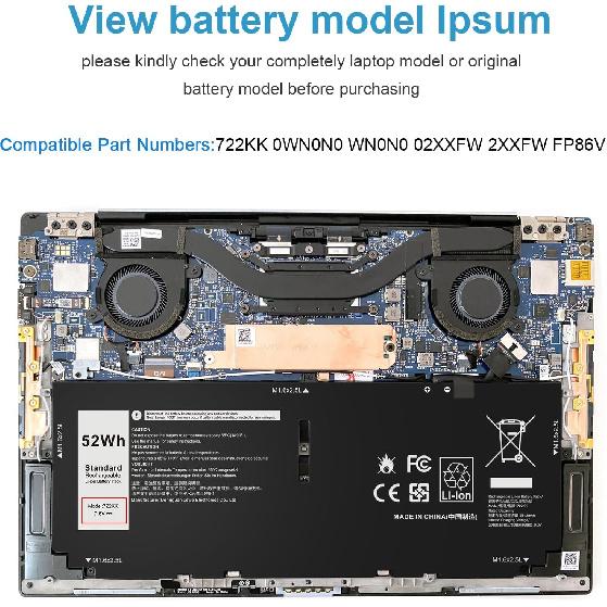 Fancy Buying 52Wh 722KK FP86V Laptop Battery for Dell XPS 13 9300 XPS 13 9310 XPS 13 9380 P117G P117G002 P117G001 Series Notebook 0WN0N0 WN0N0 02XXFW