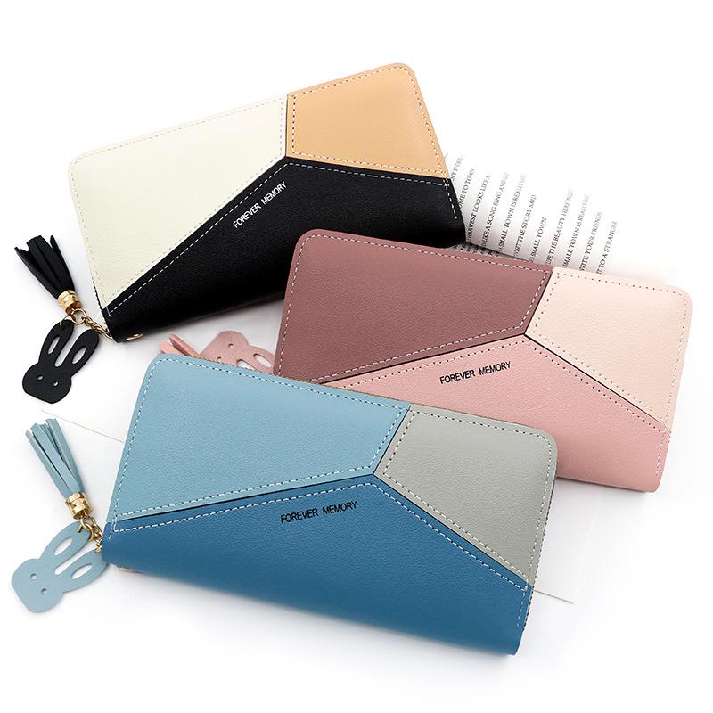 New Women's Korean Style PU Patchwork Long Wallet - Color Block Zipper Coin Purse & Mobile Phone Holder
