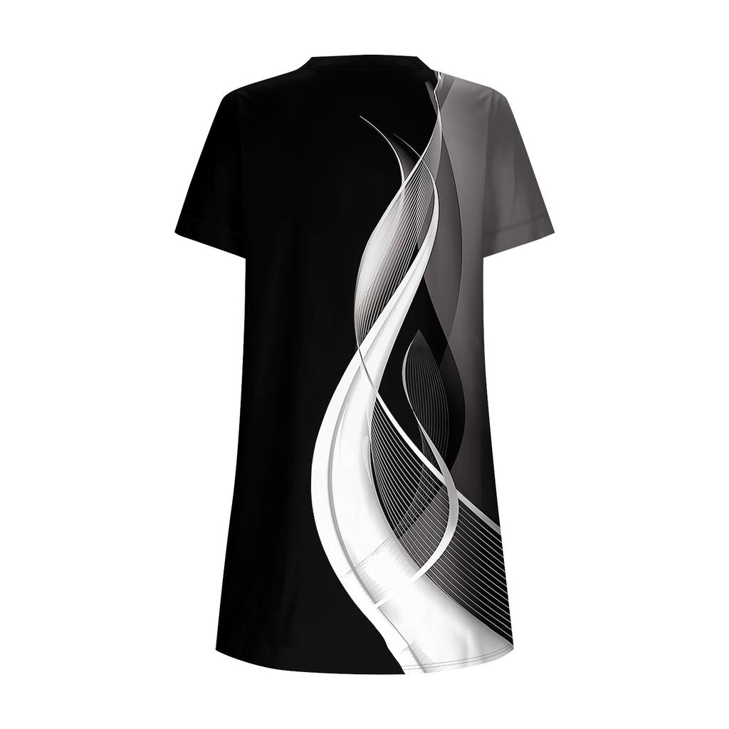Women's Fashion Casual V-neck Short Sleeve Button Retro Color Block Splicing Print Dress