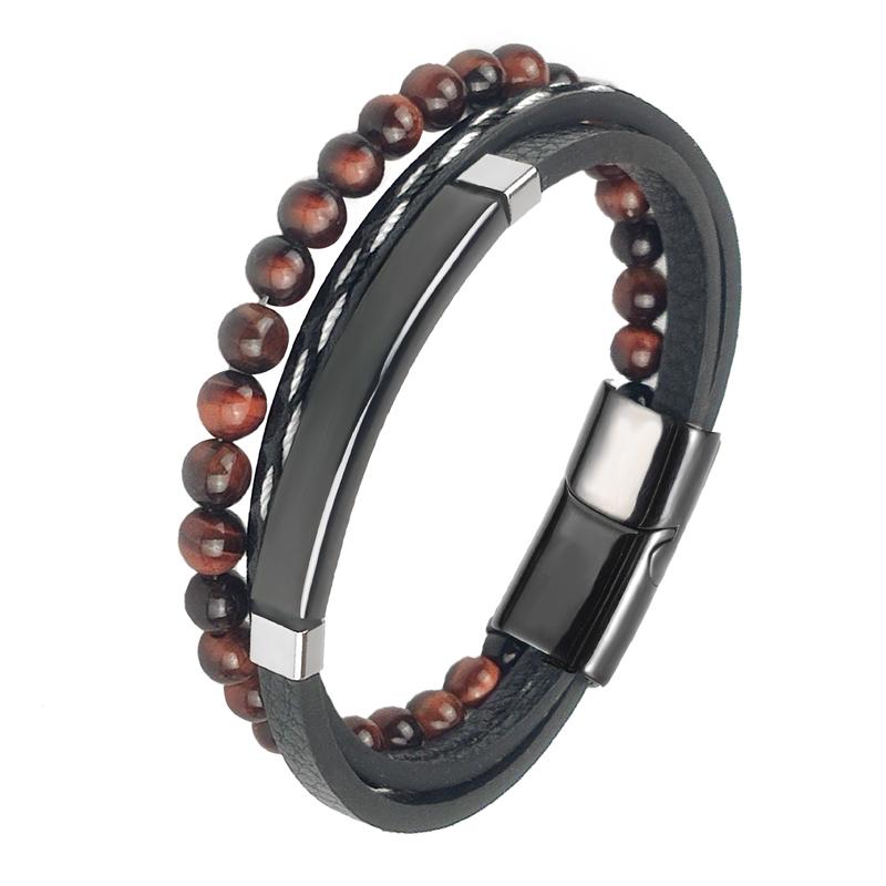 MingAo Charm Herrenschmuck Naturstein Mehrschichtiges Lederarmband Schwarzer Edelstahl Magnetischer Verschluss Tigerauge Perlenarmband