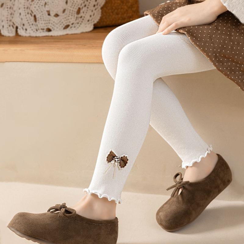 Spring Autumn Sweet Girls Tights Fine Design Ruffle Hem Bow Leggings Comfortable Princess Kids Leggings
