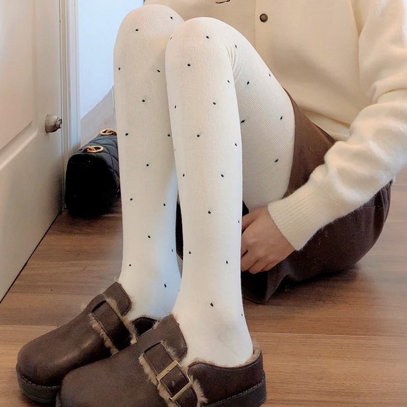 Meias Brancas de Espessura Média para Outono/Inverno & Collants de Bolinhas Cinza Fumo, Leggings Branco Leite Forradas em Algodão
