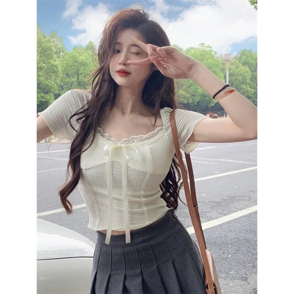Summer French lace splicing V-neck short-sleeved T-shirt women's sexy pure desire style slim-fitting versatile top ins tide