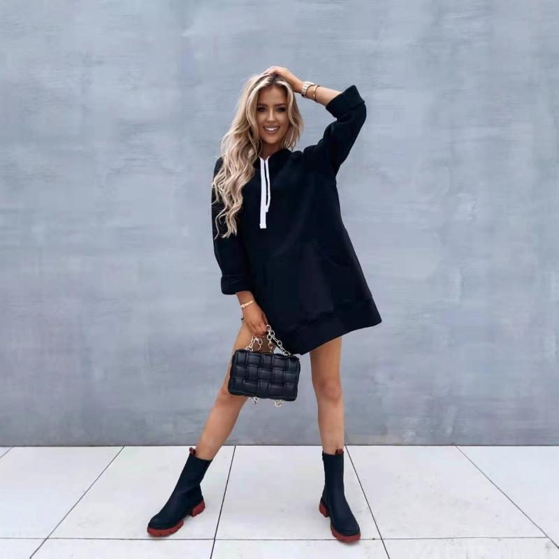 New European American Autumn and Winter Style Women's Solid Color Casual Versatile Hooded Slit Top Mid-length Plush Sweatshirt