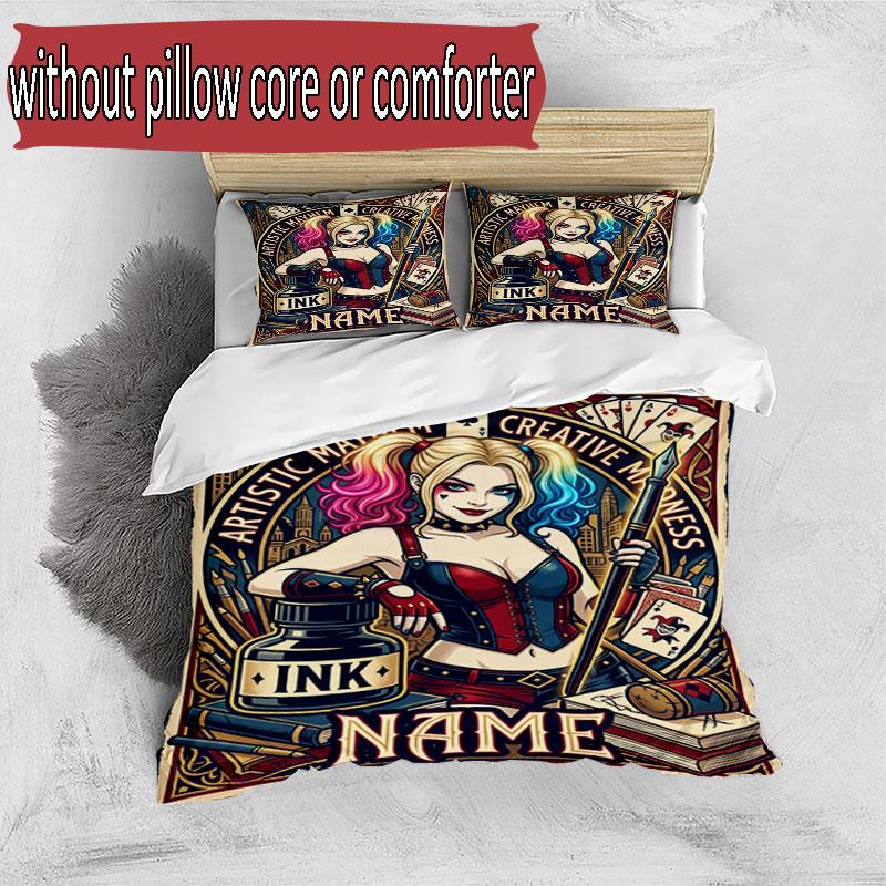 3pcs Duvet Cover Set (1*Duvet Cover + 2*Pillowcase, Without Core), Custom Name Harley Quinn Pattern Bedding Set, Home Bedroom Decor Gift
