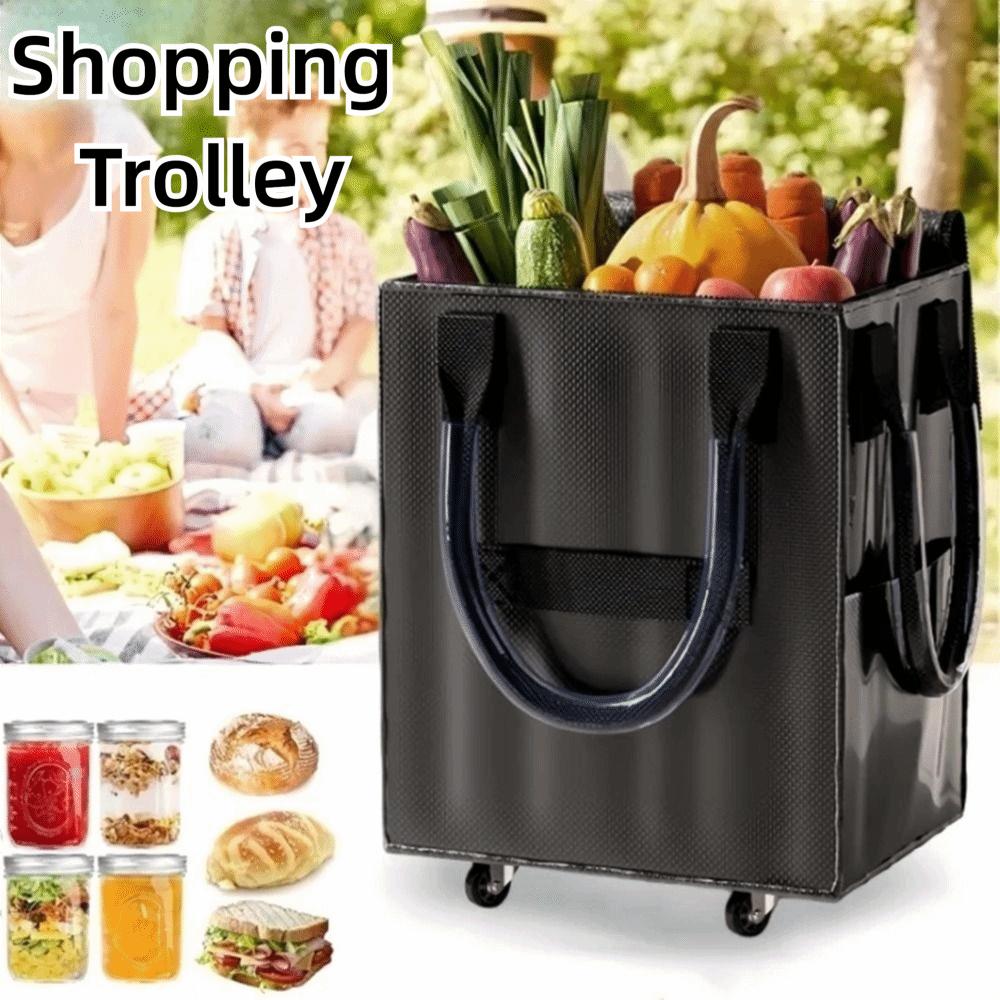 Long Handheld Roller Skating Shopping Bag Foldable Portable Shopping Trolley Zipper Closure Large Capacity Pull Cart with Wheels