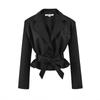 Womens Tailored Short Blazer Slim Fit Tie Waist Office Work Jacket