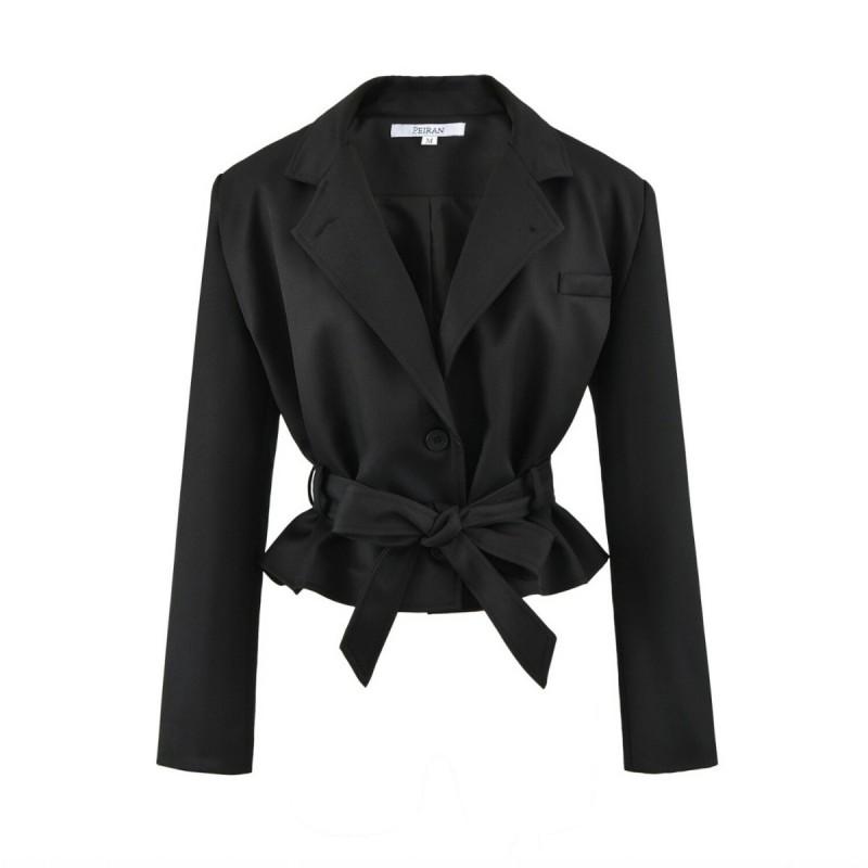Womens Tailored Short Blazer Slim Fit Tie Waist Office Work Jacket