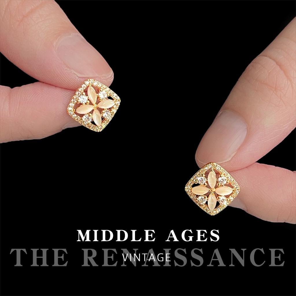 Micro-inlaid zircon square flower glass opal earrings fashion earrings