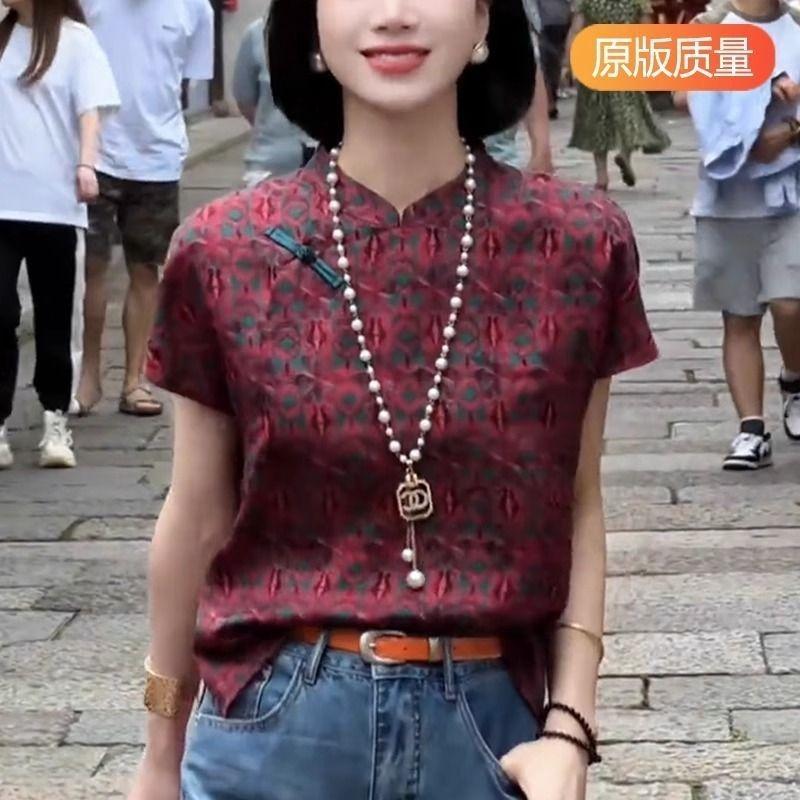 

2025 Лето Бордовый Топ с Принтом Рубашка с Коротким Рукавом Женская Рубашка M [Recommended below 50kg]