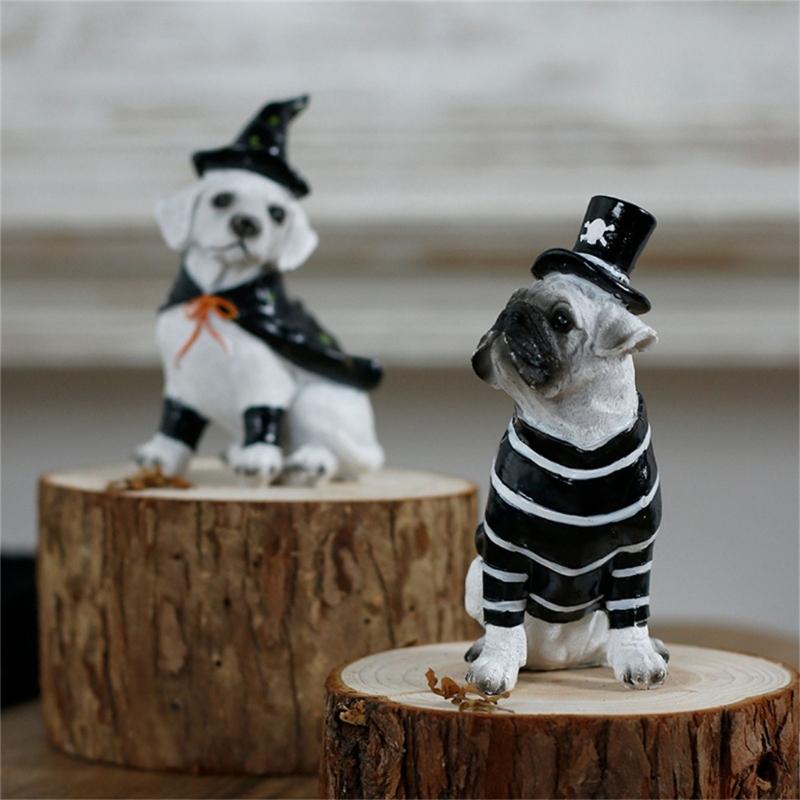 Witches/Pirate Dog Figurines Resin Sitting Dog Statue Animal Sculptures Garden Decors Halloween Decorations for Porch