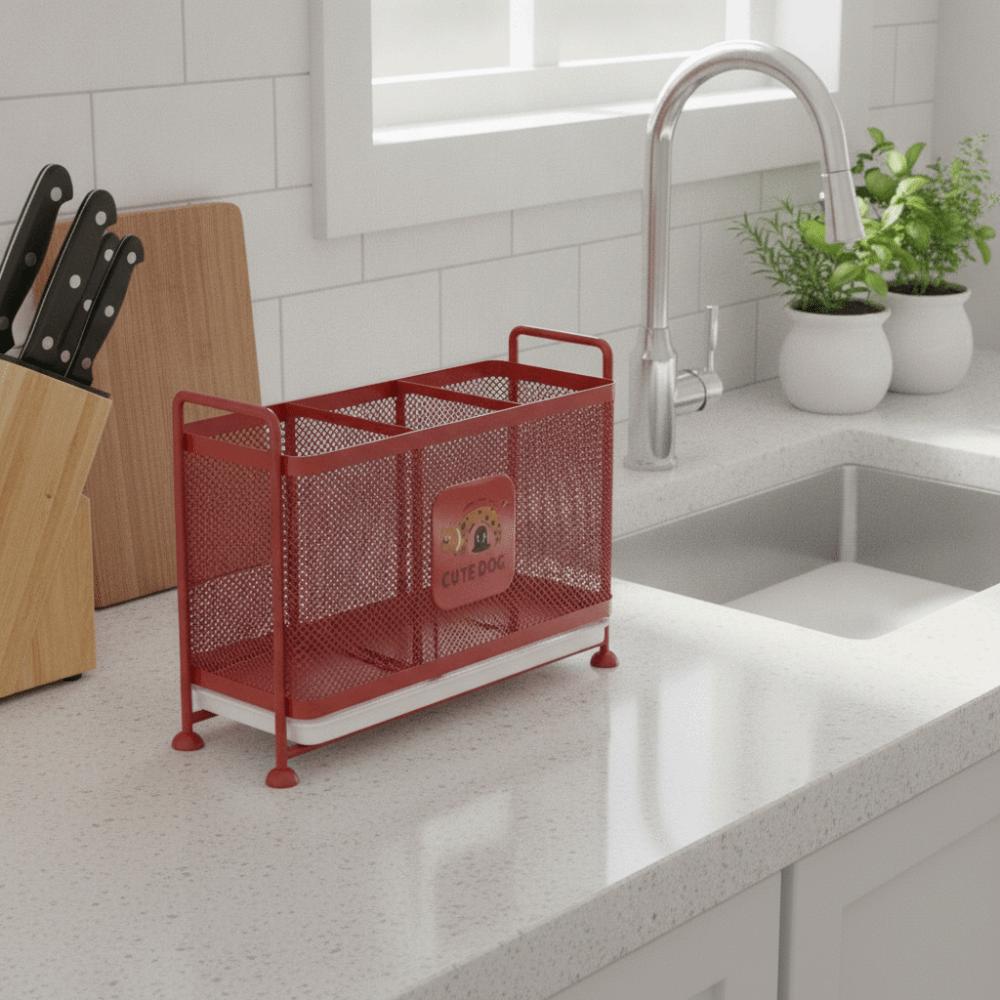 3 Grid Chopstick Storage Box Carbon Steel Kitchen Utensil Storage Basket Cutlery Holder Spoon Fork