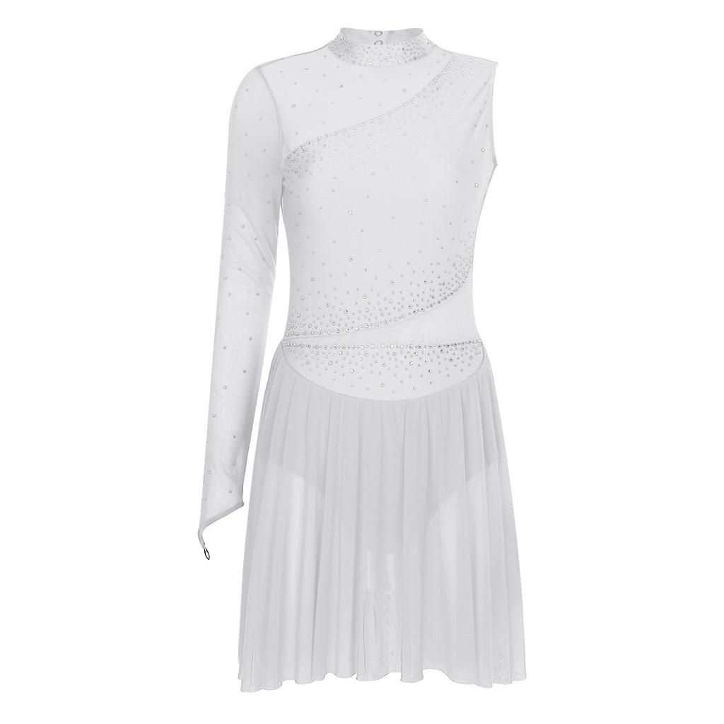 Womens Figure Skating Dance Leotard Single Sleeve Mock Neck Sparkle Rhinestone Ice Performance Wear