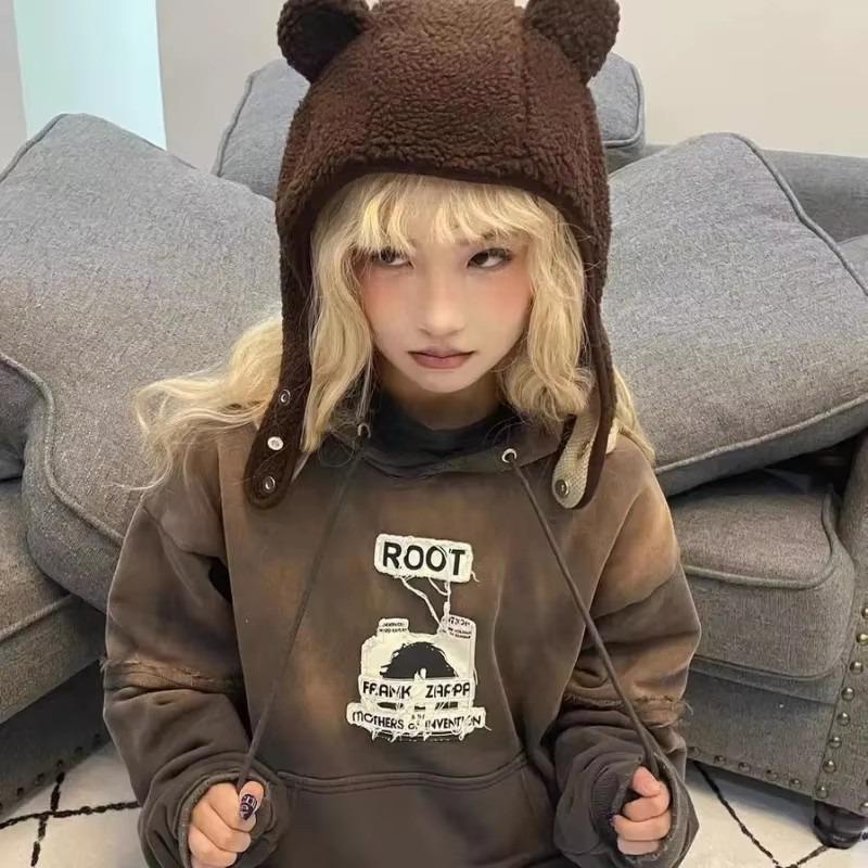 Brown Bear Ear Hat Scarf Beanies Men Women Winter Safety Helmet Rockwool Magnetic Buckle Outdoor Protector Hat with Earflaps