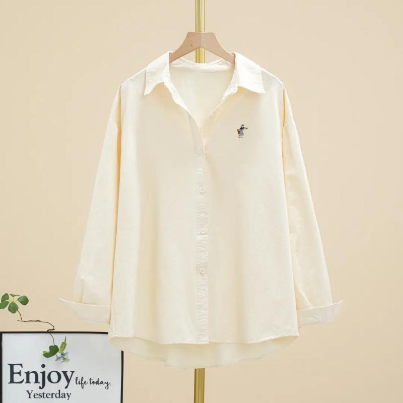 Women Spring Long Sleeve Embroidered Button Down Shirt Casual Loose Fit