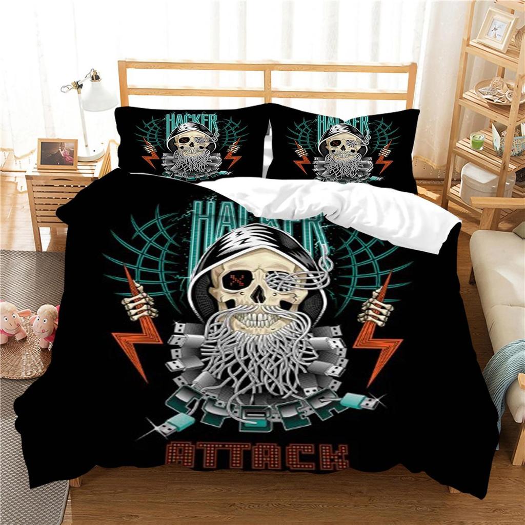 Design-Bettbezug-Set, 3D-Schädel-Druck, Bettwäsche-Set, cooler Bettbezug, Polyester-Bettbezug, King-Size-Queen-Size-Bettwäsche