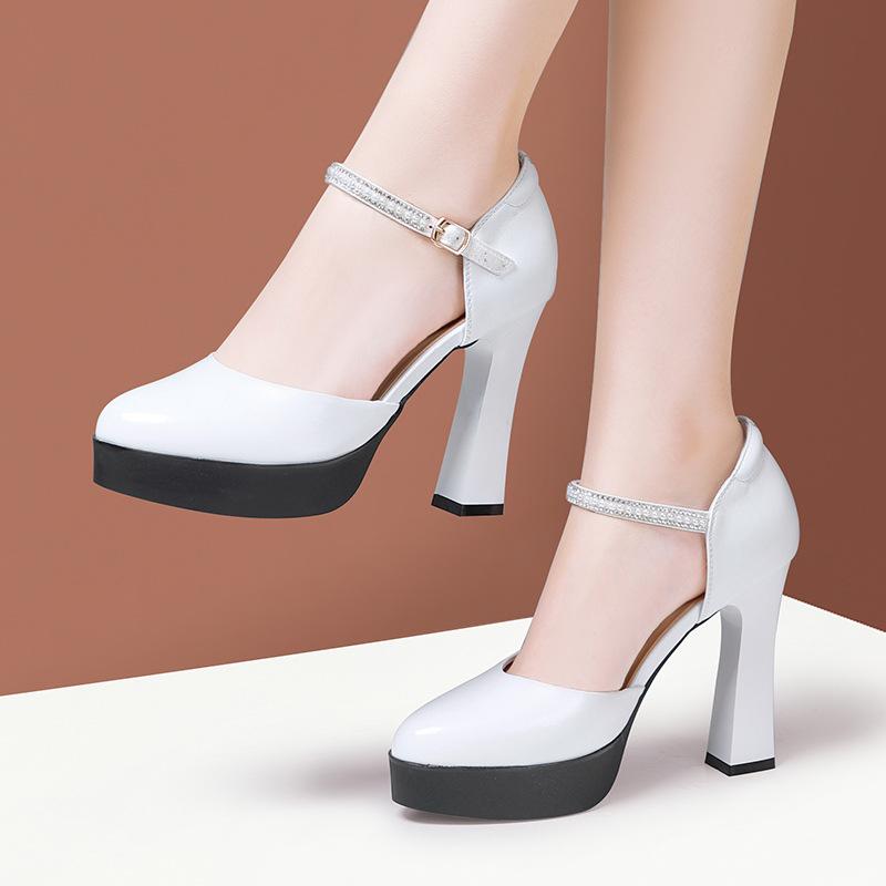Fashion Genuine Leather Lady Pumps Thick Heel Shoes 7/9/11cm Super High Heel Waterproof Platform Womens Shoes Party Dress High Heels