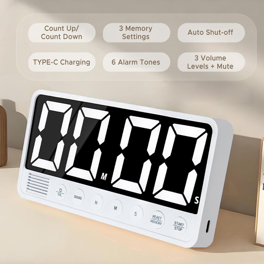 Temporizador LED Cuenta Regresiva Pantalla Grande 99h 59m 6 Volúmenes de Alarma 3 Memorias Carga Tipo-C