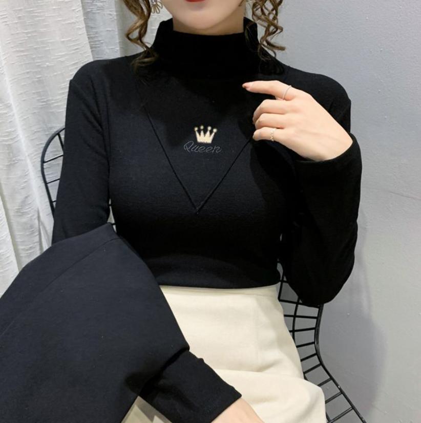 

Зимняя рубашка с толстым дном для женщин, теплая блузка, водолазка, пуловеры с вышивкой буквами XXXL чёрный