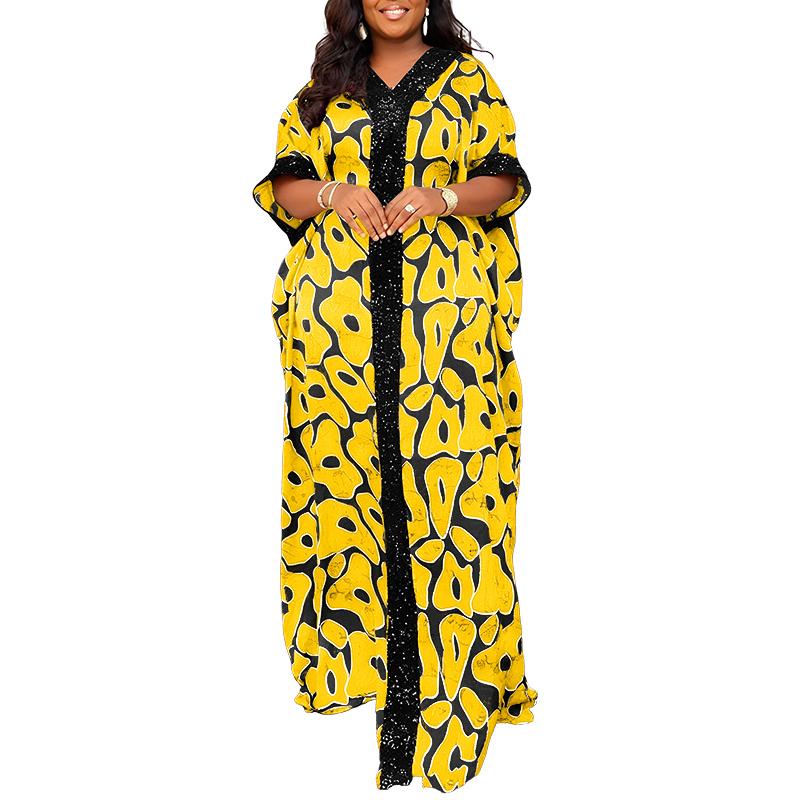 Plus Size Summer Women Round Neck Half Sleeve Print Ruffled Long Maxi Kaftan Dresses