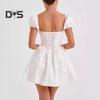 Women's Summer Mini Corset Dress Square Neck Short Puff Sleeve Flowy A-Line Dress Backless Beach Cocktail Party Dress