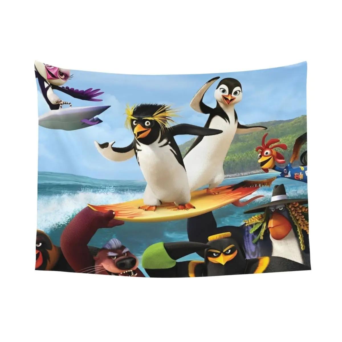 Крутой Мультяшный Петух Серфинг Гобелен Летний Пейзаж Озера Печать Полиэстер Настенное Полотно Забавное Животное Тематический Домашний Декор 74x94cm(29x37in)