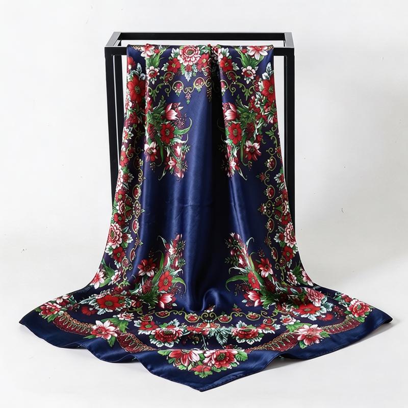 Fashion Satin Square Scarf Women Summer Hijab Ethnic Floral Print Neck Wrap Headband Lightweight Daily Shawl Bag Accessory