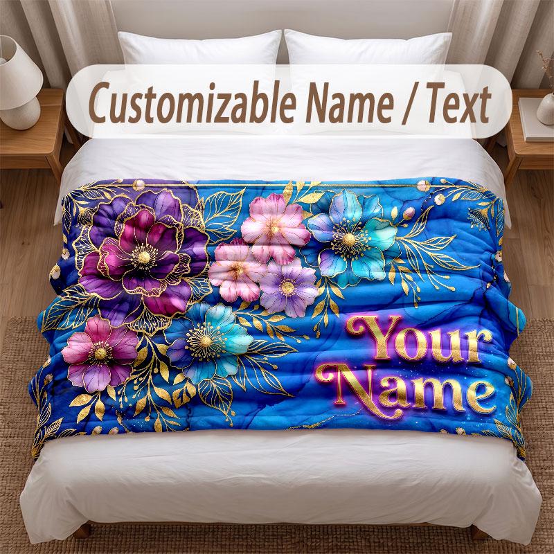 Floral Garden Theme Soft Blanket Personalized Custom Name Text Print Warm Blanket Home Sofa Bedroom Decor