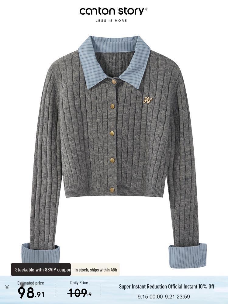 Yangcheng Story Women's Slim Fit Grey Faux Two-Piece Knit Cardigan for Autumn 2025