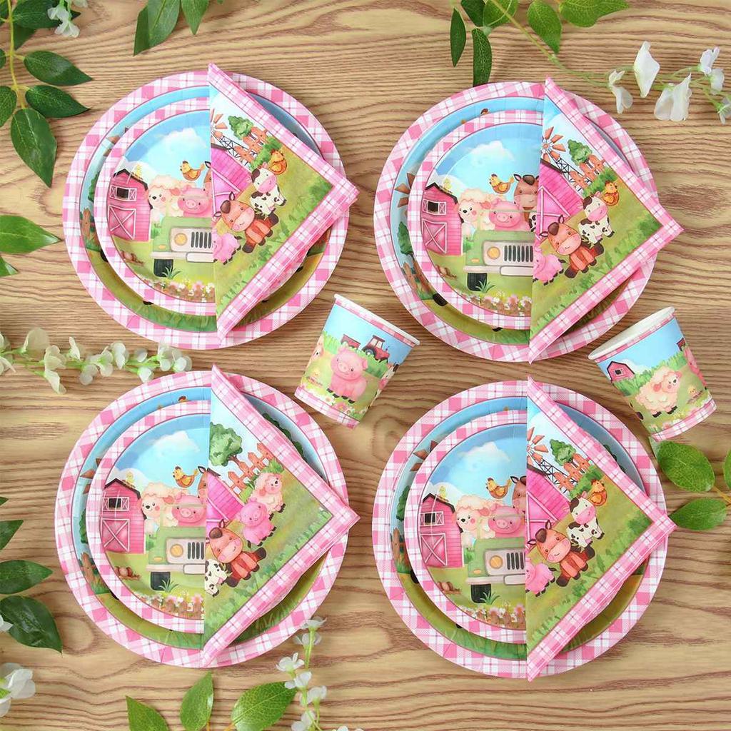 Pink Farm Party Birthday Decorations Disposable Tableware Paper Plates Cups Napkin Baby Shower Kids Girls Birthday Party Decor