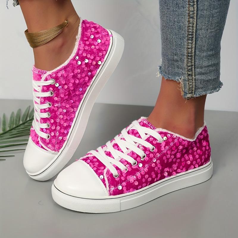 Women's Rose Red Fashion Sequin Lace-up Round Head Shoes
