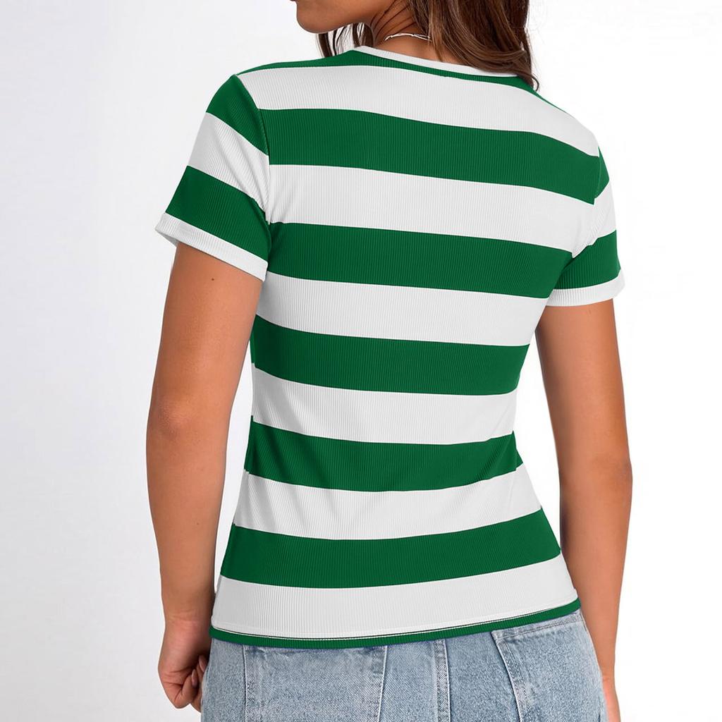 Women's Fashion Color Matching Short Sleeve Round Neck Zipper Top