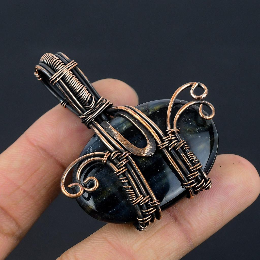 Blue Tiger Eye Pendant, 999 Copper Wire Wrapped Pendant Jewelry. Gift For Women Handmade Pendant Gemstone Jewelry