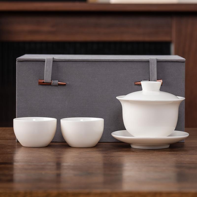 Hover Cover Bowl Suet Jade Porcelain White Porcelain High-end Three Talents Brewing Tea Bowl One Pot Two Cups Gift Box Light Luxury Boutique Tea Set