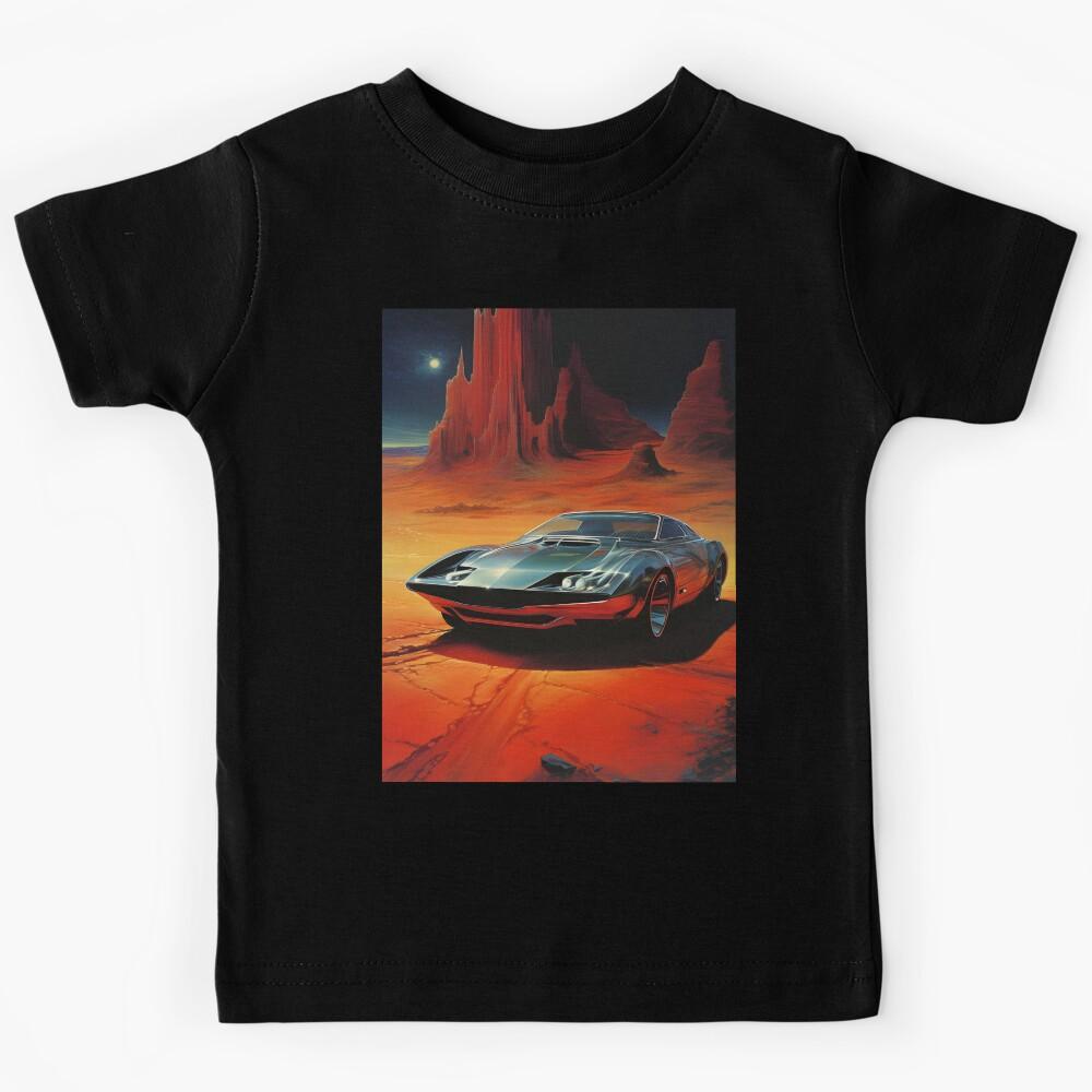 Metallic Color Retro Futuristic Sports Car and an Extraterrestrial Desert Night Landscape Kids T-Shirt 150