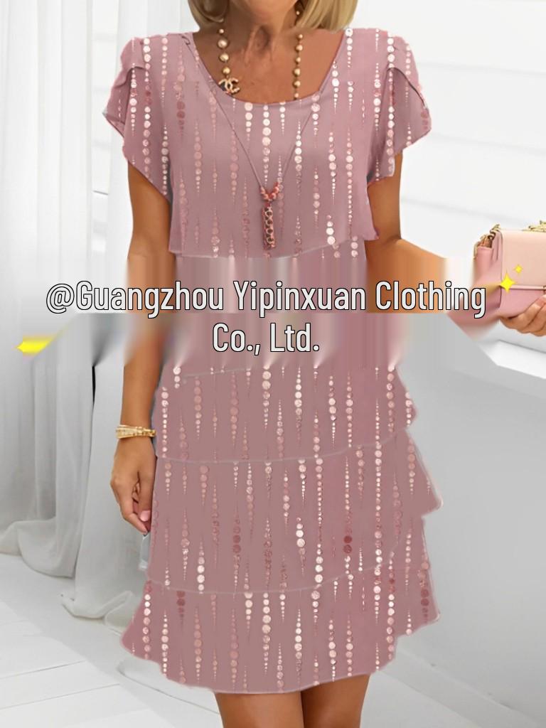 European and American 3D Print Short Sleeve Chiffon Dress