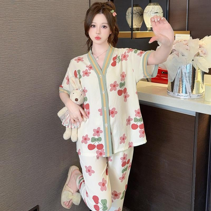 Japanese cartoon sweet bubble cotton yarn pajamas women's summer new short-sleeved two-piece set 55kg thin outer order