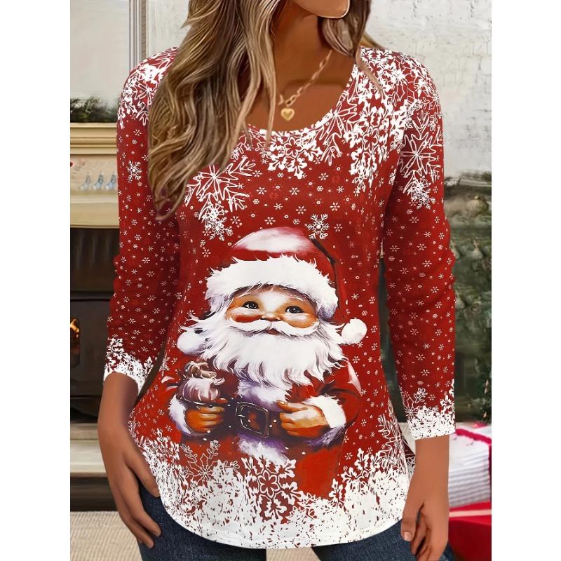 Top cu gât rotund de primăvară și toamnă, cu imprimeu 3D de Crăciun, la modă, casual, cu mâneci lungi, pentru femei