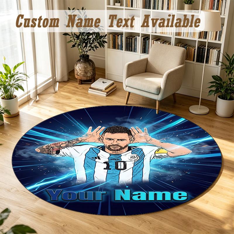 Tapis Rond Nom Personnalisé Motif Lionel Messi Tapis Antidérapant Décor de Sol pour la Maison