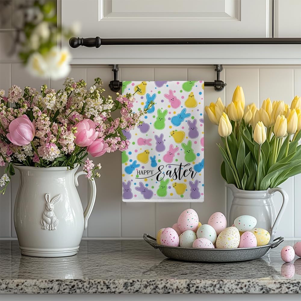 Colorful Bunny Happy Easter Kitchen Towels Set of 2,Hello Peeps Rabbits Dish Hand Towels Farmhouse Indoor Outdoor Holiday Seasonal Decorations DD079
